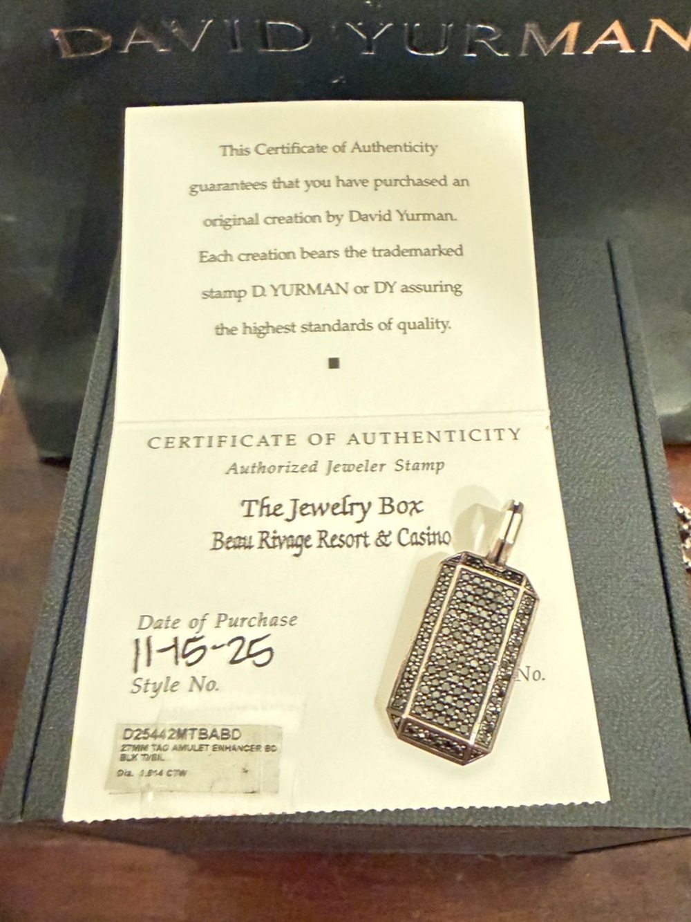 David Yurman Black and Silver Pavé Dog Tag Pendant
